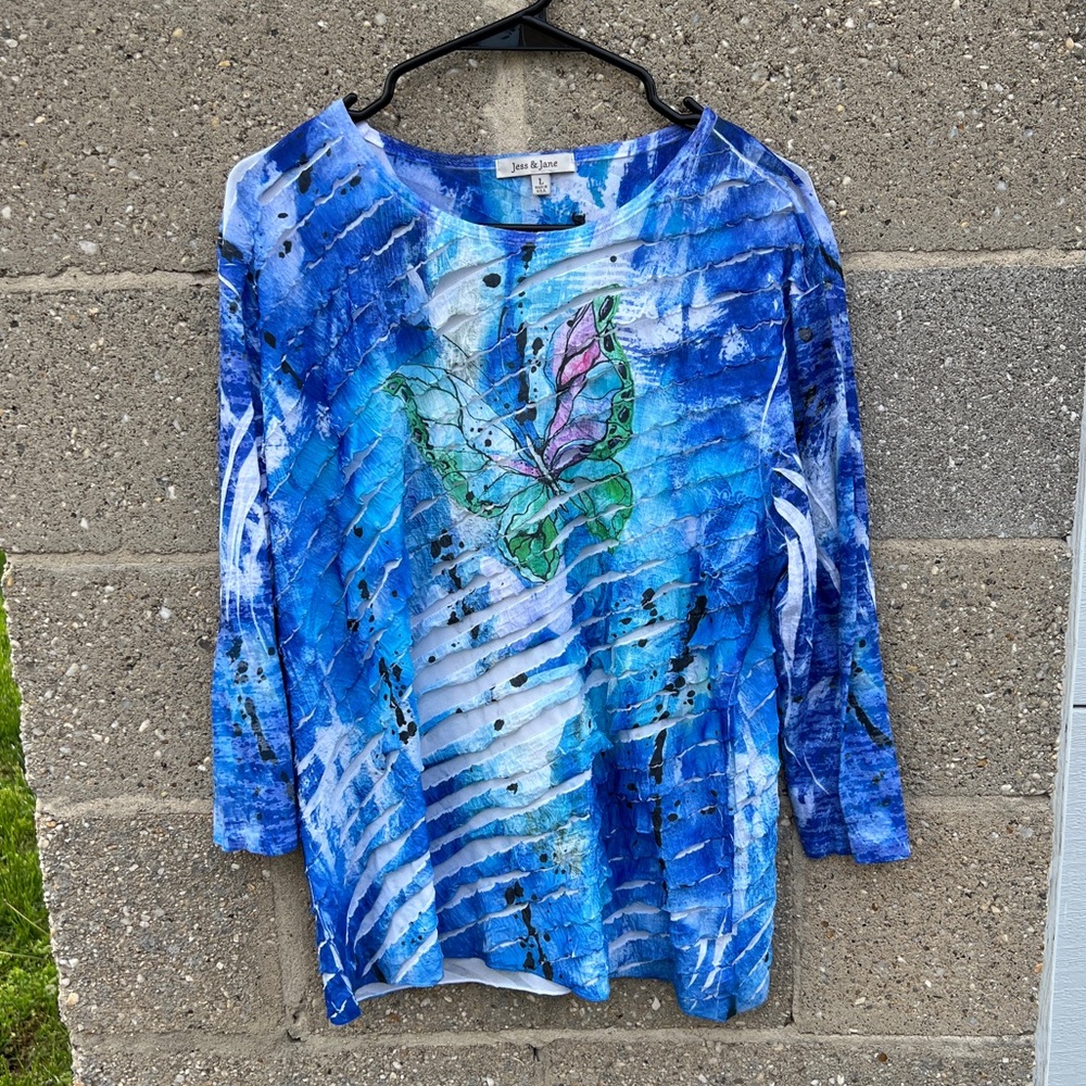 Jess & Jane Y2K Butterfly Shirt Top 3/4 Sleeve Embellished USA Women’s Large